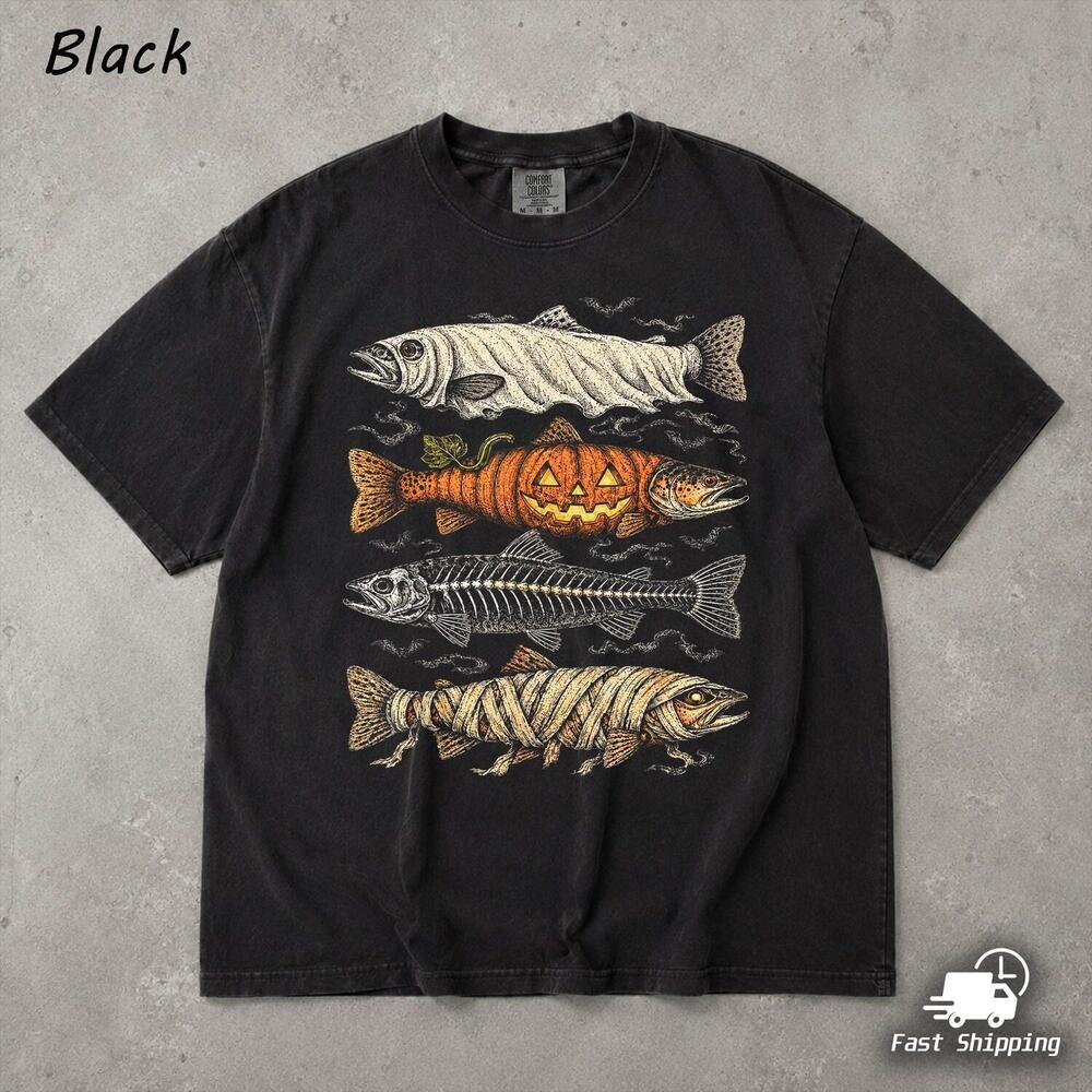 Halloween Trout Fish Shirt, Spooky Fishing T-Shirt, Ghost Pumpki